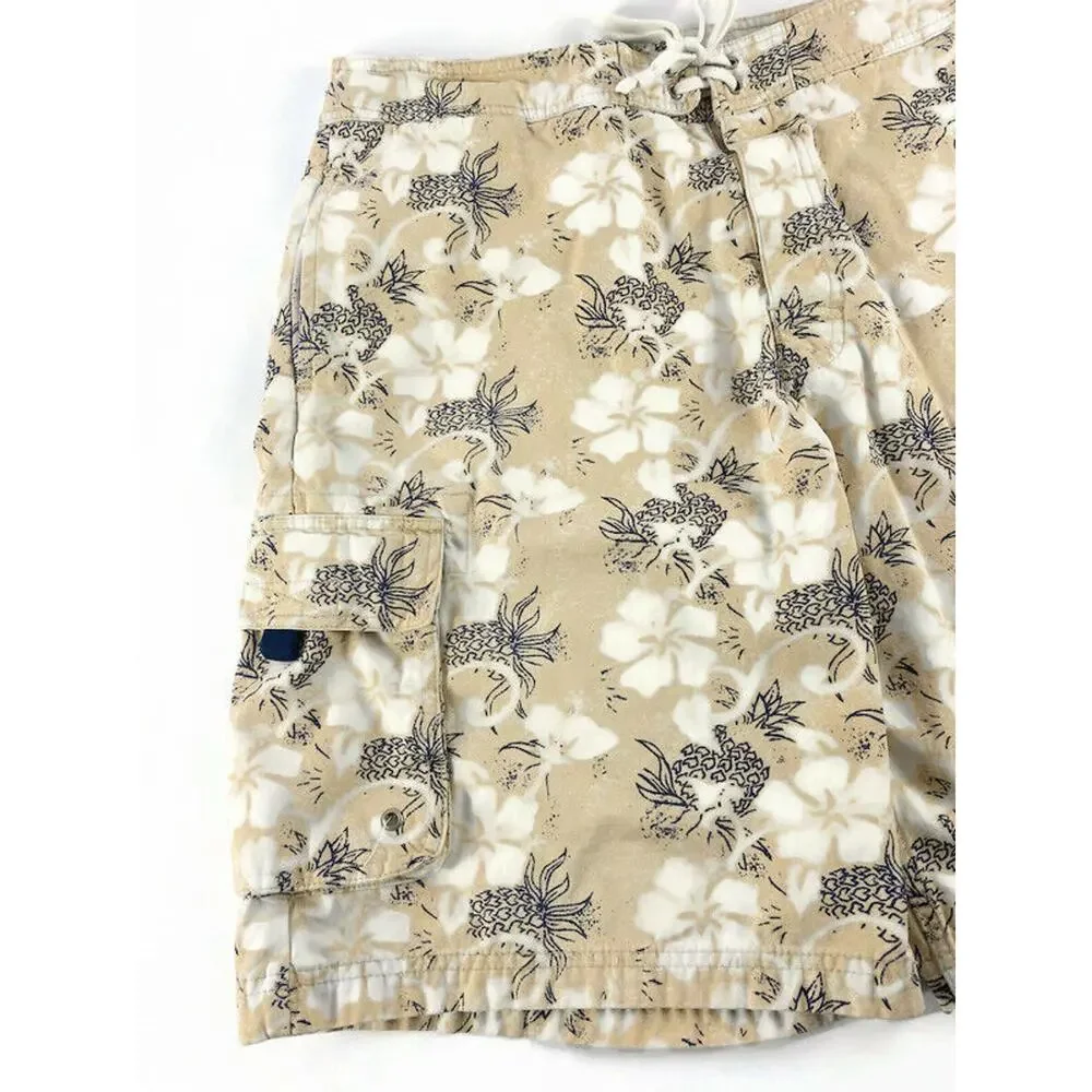 Utility Board Shorts Swim Trunks Men's Size 36 Cotton White and Tan Flowers